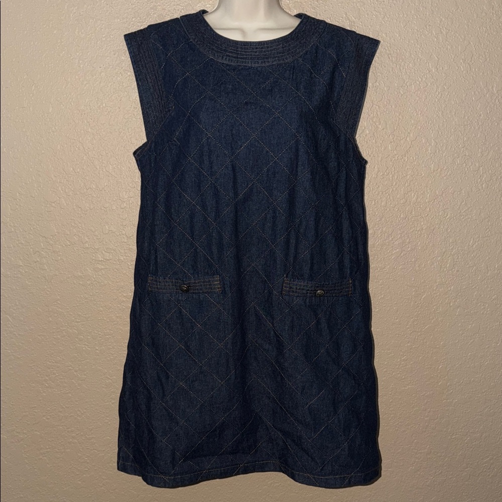 NWOT $78 Sz M Entro Blue Denim Brown Stitch Sleeveless Quilted Dress